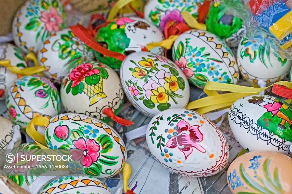 Hand painted Easter eggs in public market  Hand painted, decorated Easter eggs flood the Prague farmers markets before Easter  Eggs are decorated afte...