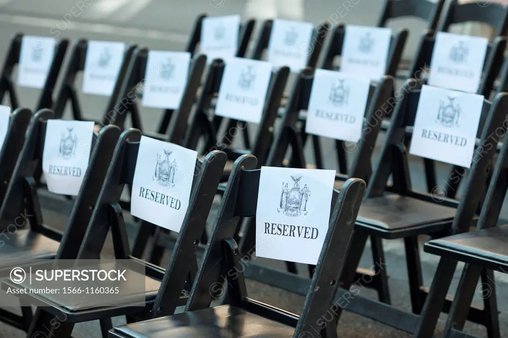 Seats reserved for dignitaries at the Brooklyn Battery Tunnel in New York prior to the renaming ceremony for the Hugh L Carey Tunnel after the late NY...