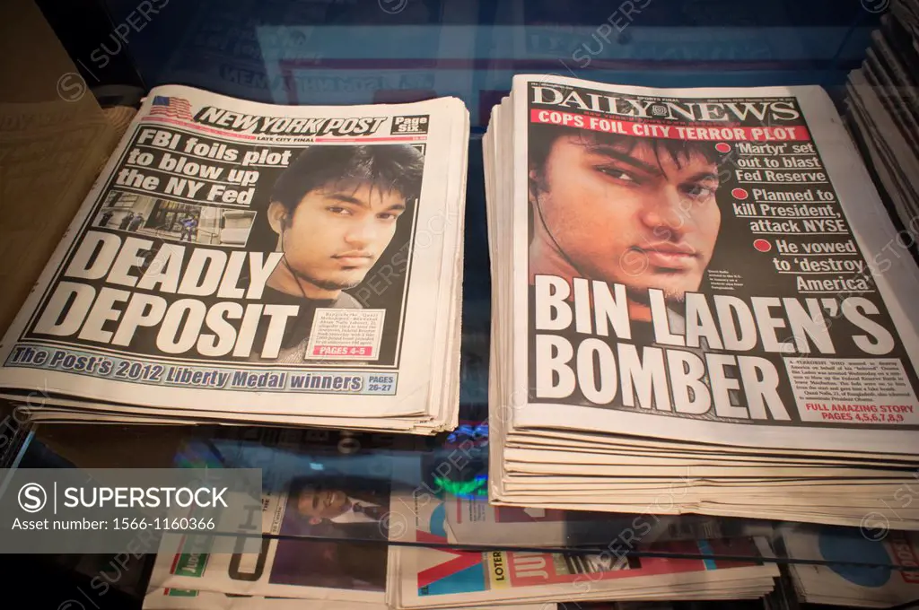 The NY Daily News and the NY Post on a newsstand in New York on Thursday, October 18, 2012 display a photograph of alleged terrorist Quazi Mohammad Re...