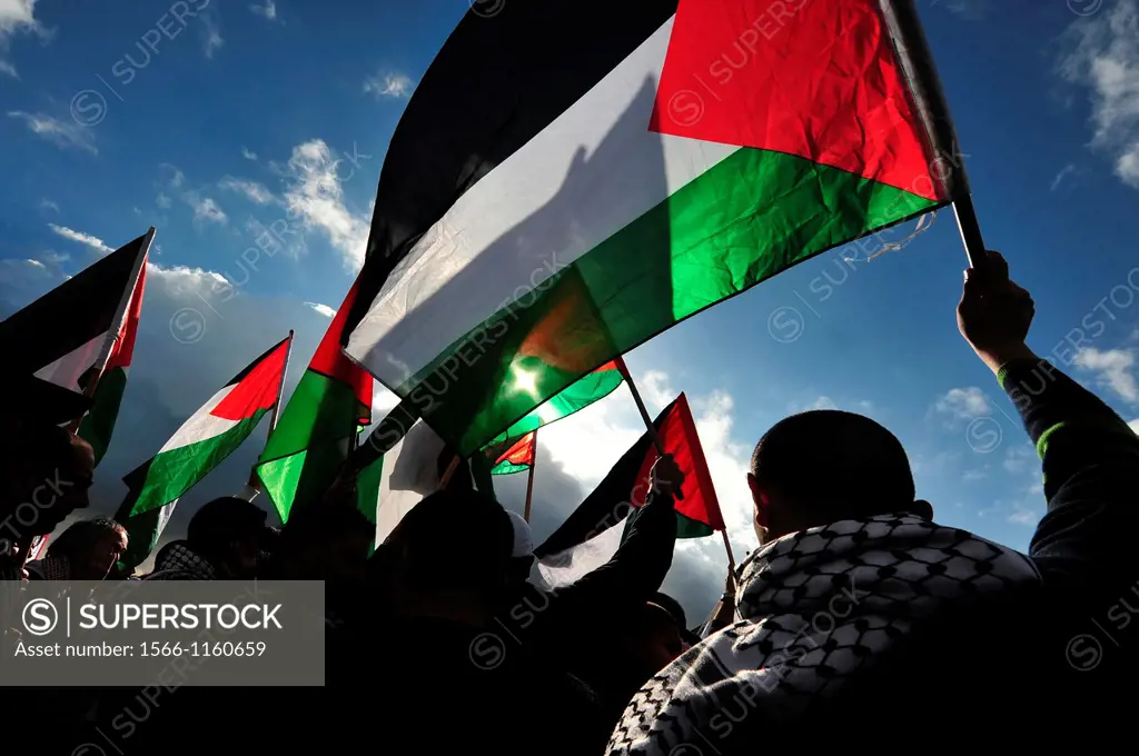 Silhouette of Palestinian men waving Palestinian flag