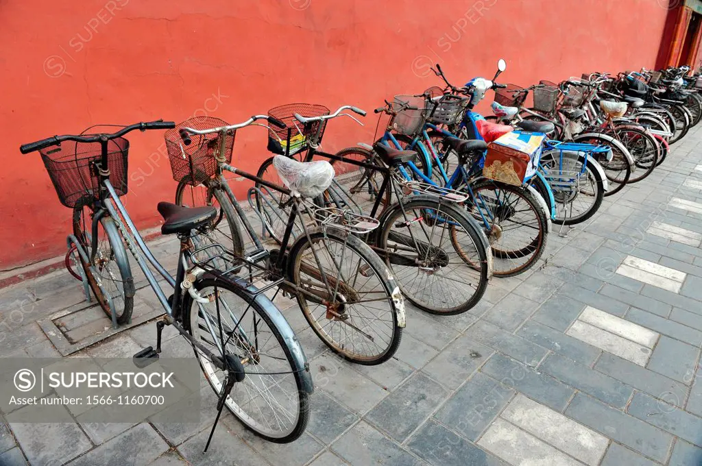 A line of bicycles in a Hutong in Beijing, China