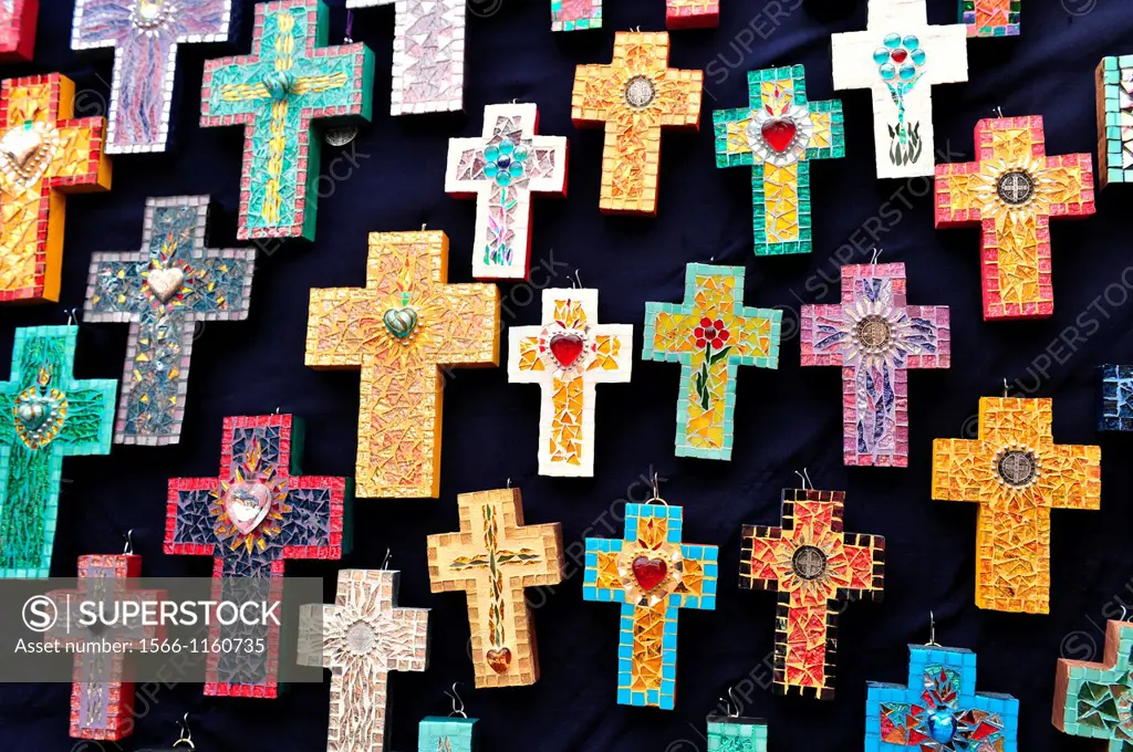 Mexican handcrafted christian crosses for sale at the art market in San Angel, Mexico City