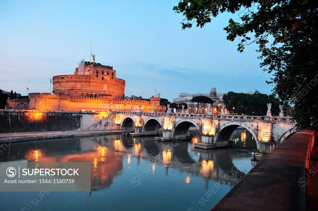 Saint Angelo castle and bridge at night, beautiful old sculptures and lanterns in Rome, Italy