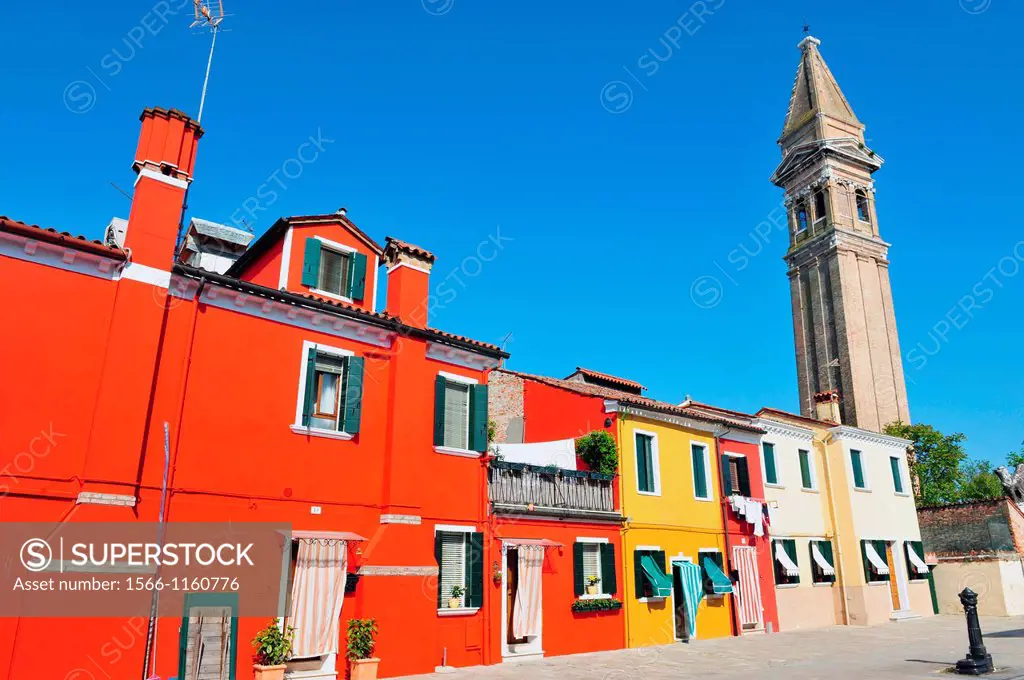 Colourfully painted houses on Burano island in the Venetian Lagoon, northern Italy