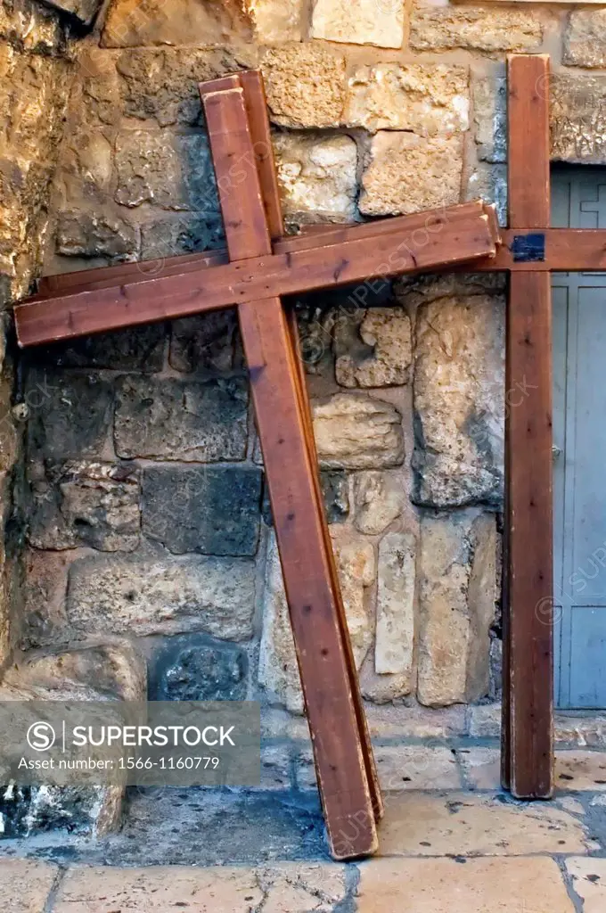 Photo of crucifixion crosses in a street of the old city of Jerusalem, Israel
