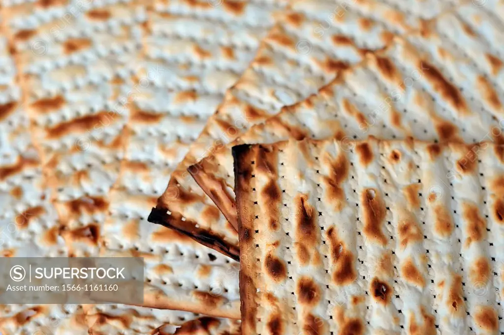 Traditional Jewish Matzo sheet on a Passover Seder table  Passover is a predominantly Jewish holy day and festival  It commemorates the story of the E...