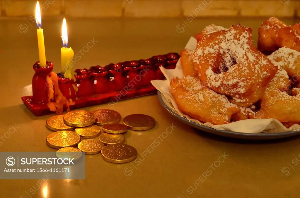 Hanukkah menorah Hanukkiya and donuts sfingi