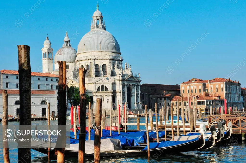 Campo della Salute church with Venetian Gondolas in the foreground