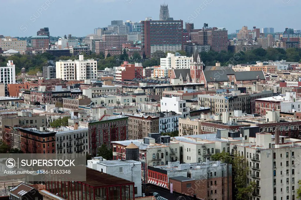 Densely packed apartment buildings in the Harlem neighborhood in New