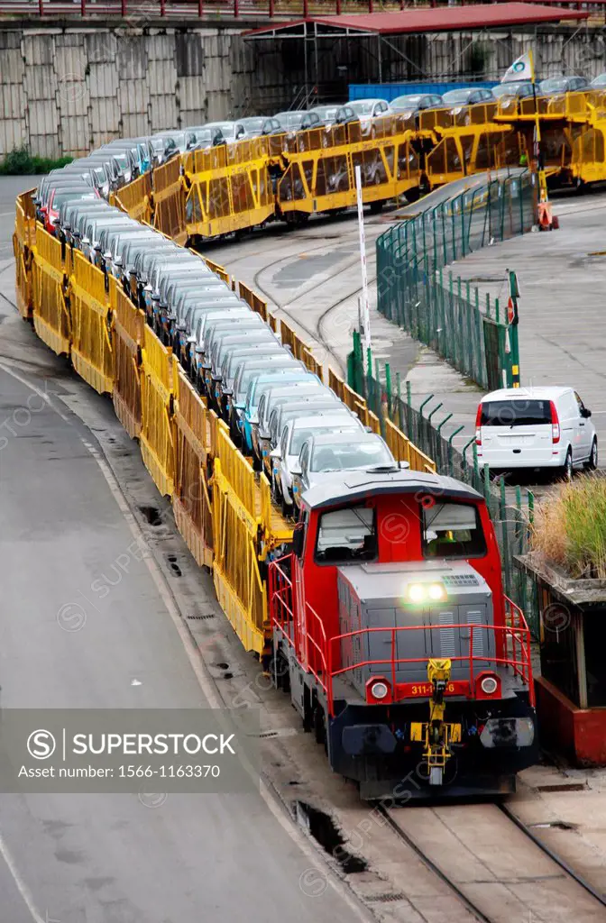 Car Transport by rail, transportation of cars and light commercial vehicles, Pasajes Port, Gipuzkoa, Basque Country, Spain