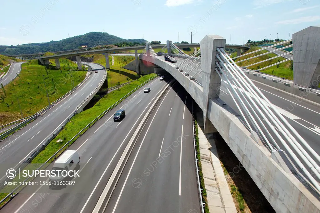 Car and truck traffic on the motorway, Gipuzkoa, Basque Country, Spain