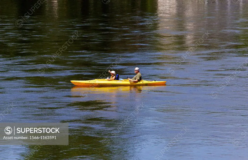 Father and Son Kayaking on the Delaware River on a Bright Sunny Day