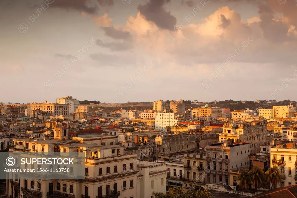 Cuba, Havana, Havana Vieja, elevated view of Old Havana buildings, sunset