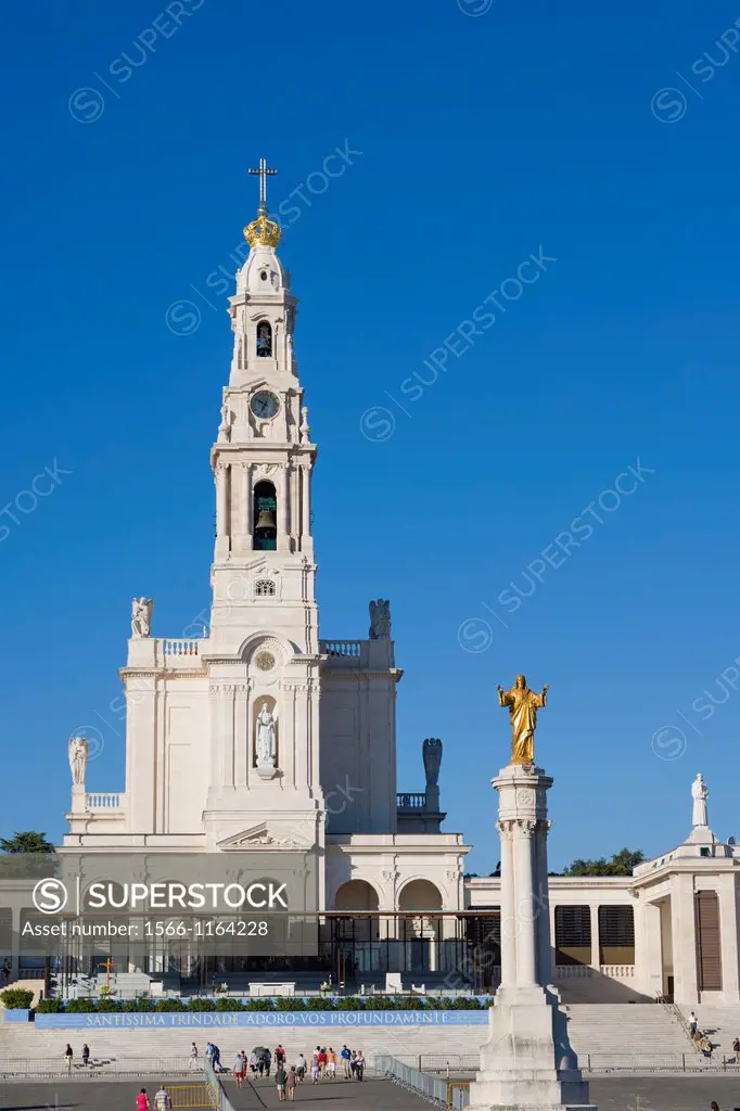 Statue of Jesus Christ and The Basilica of Our Lady of the Rosary, Santuario de Fatima, Fatima Shrine, Sanctuary of Our Lady of Fatima, Fatima, Ourem,...
