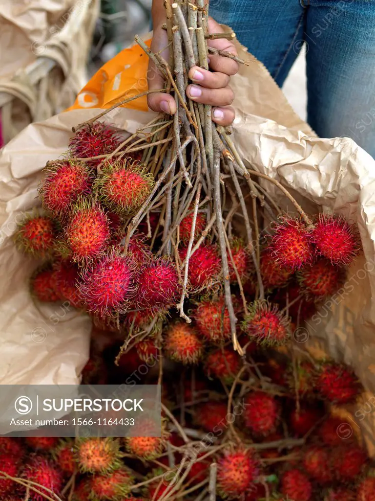 A hand holding a bunch of rambutans with brown paper wrapping