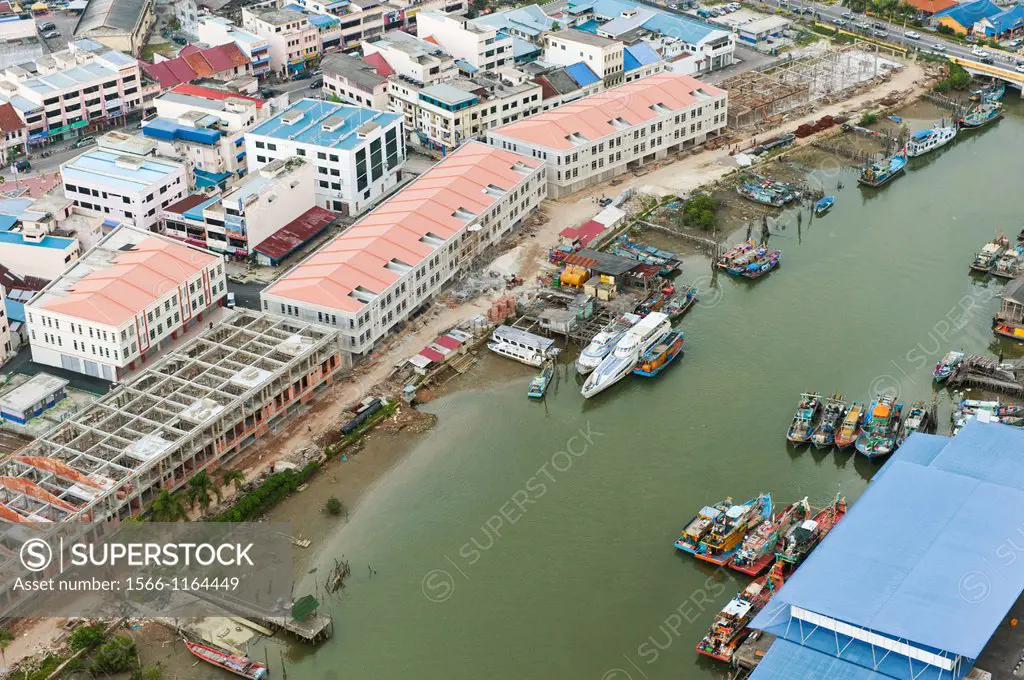 Aerial image of boats, nautical infrastructure, piers and buildings in Malaysia