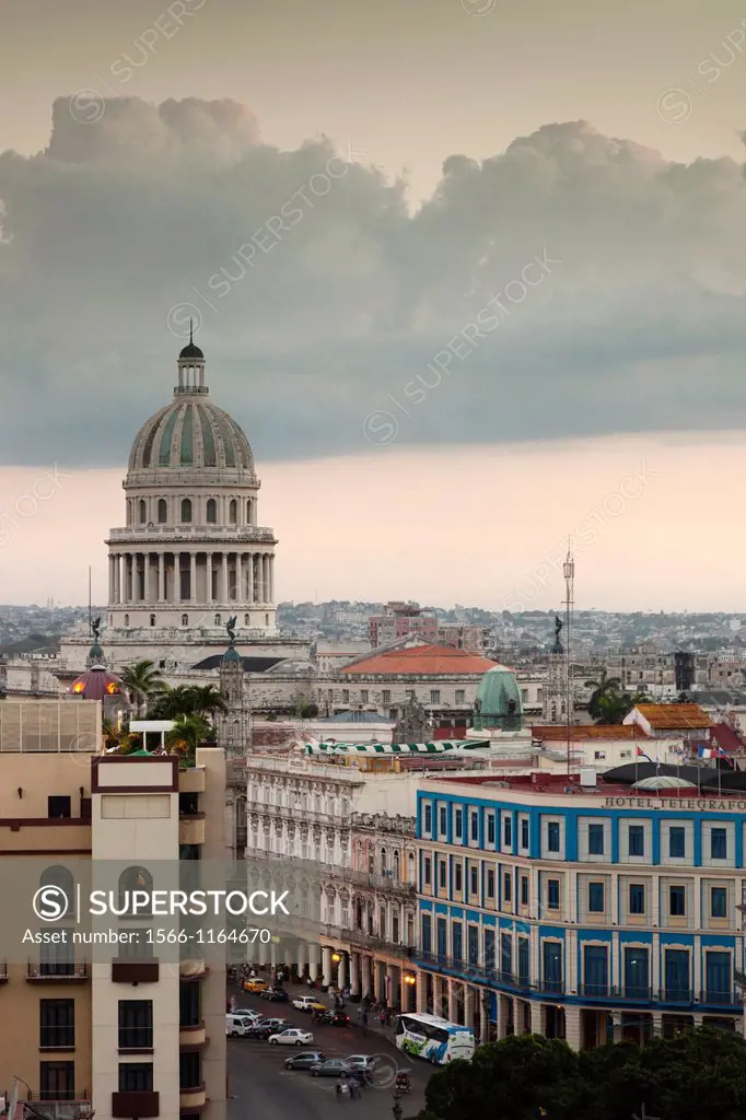 Cuba, Havana, elevated city view towards the Capitolio Nacional, sunset