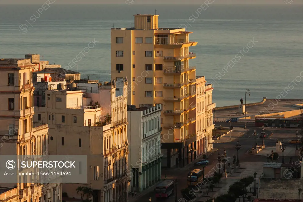 Cuba, Havana, elevated city view above Paseo de Marti, morning