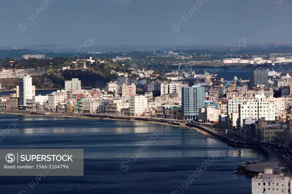 Cuba, Havana, Vedado, elevated view of the Malecon