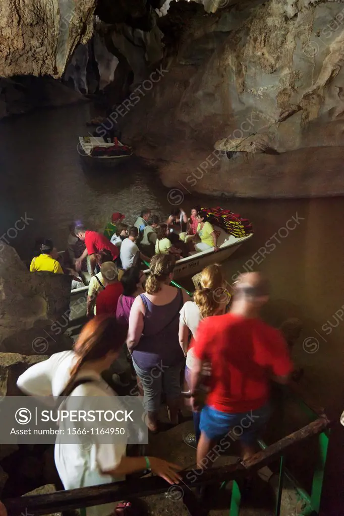 Cuba, Pinar del Rio Province, Vinales, Valle de San Vincente, Cueva del Indio, tourists visiting cave,NR