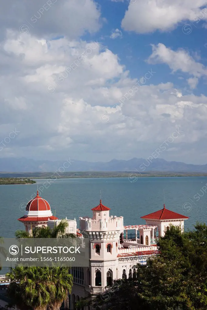 Cuba, Cienfuegos Province, Cienfuegos, Punta Gorda, Palacio de Valle, former sugar baron mansion, elevated view, late afternoon