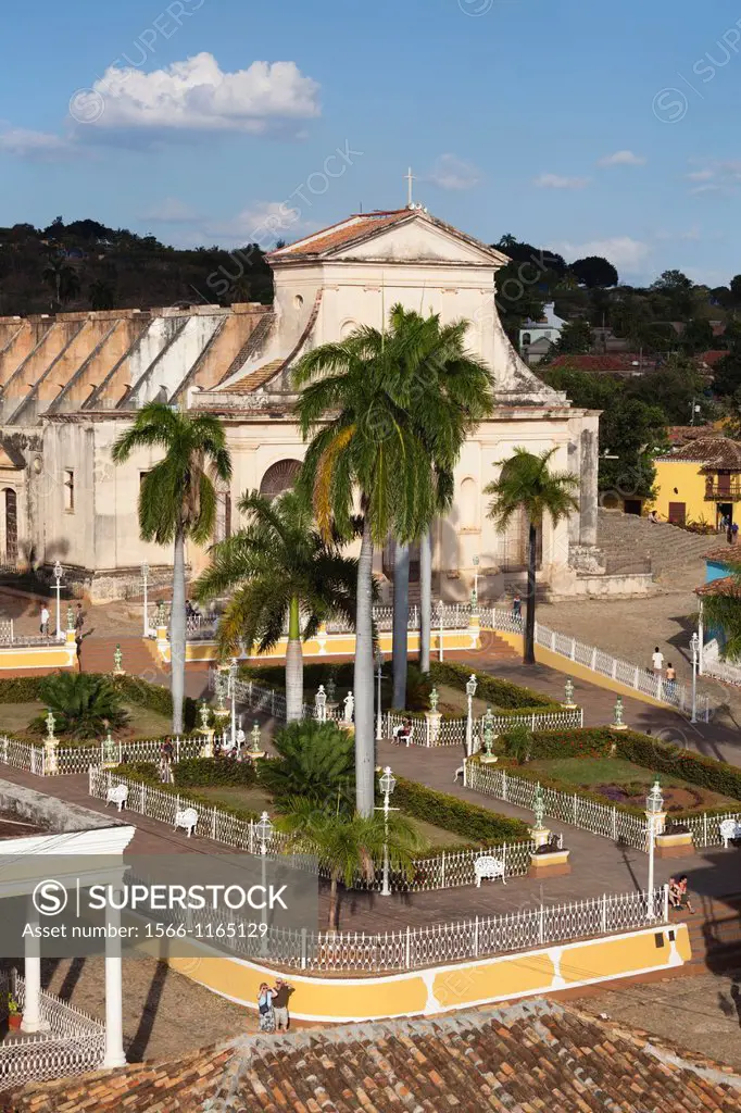 Cuba, Sancti Spiritus Province, Trinidad, elevated view of the Plaza Mayor, late afternoon