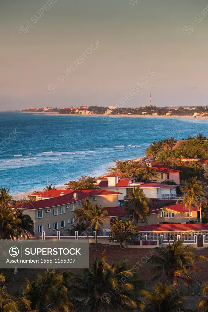 Cuba, Matanzas Province, Varadero, Varadero Beach, elevated view, dusk