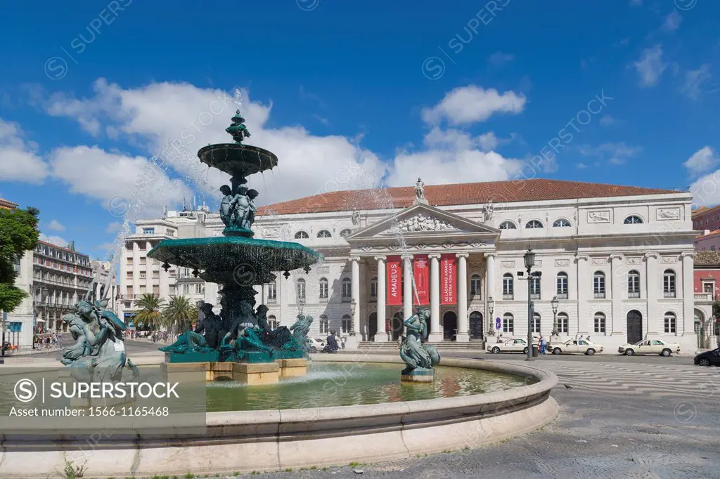 Rossio square, Pedro IV Square, Praca de D Pedro IV, with The National Theatre D Maria II, Teatro Nacional D Maria II, and bronze fountain, Lisboa, Li...