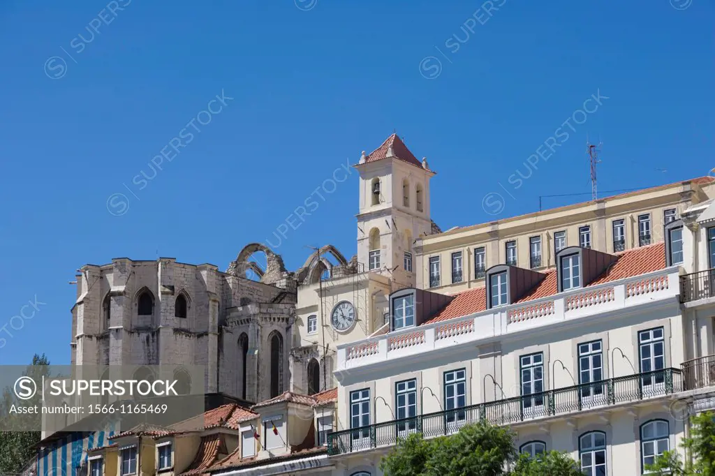 View on The Carmo Convent, Convento da Ordem do Carmo, and Quartel do Carmo, GNR National Guard headquarters from Rossio square, Pedro IV Square, Prac...