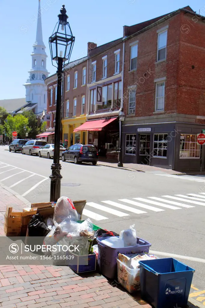 New Hampshire, Portsmouth, Market Street, businesses, trash, containers, curbside, curb, sidewalk, flattened cardboard boxes, plastic bags, North Chur...