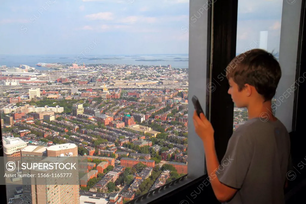 Massachusetts, Boston, Prudential Center, Skywalk Observatory, aerial, panoramic view, South End, South Boston, Western Way, boy, self-guided audio wa...