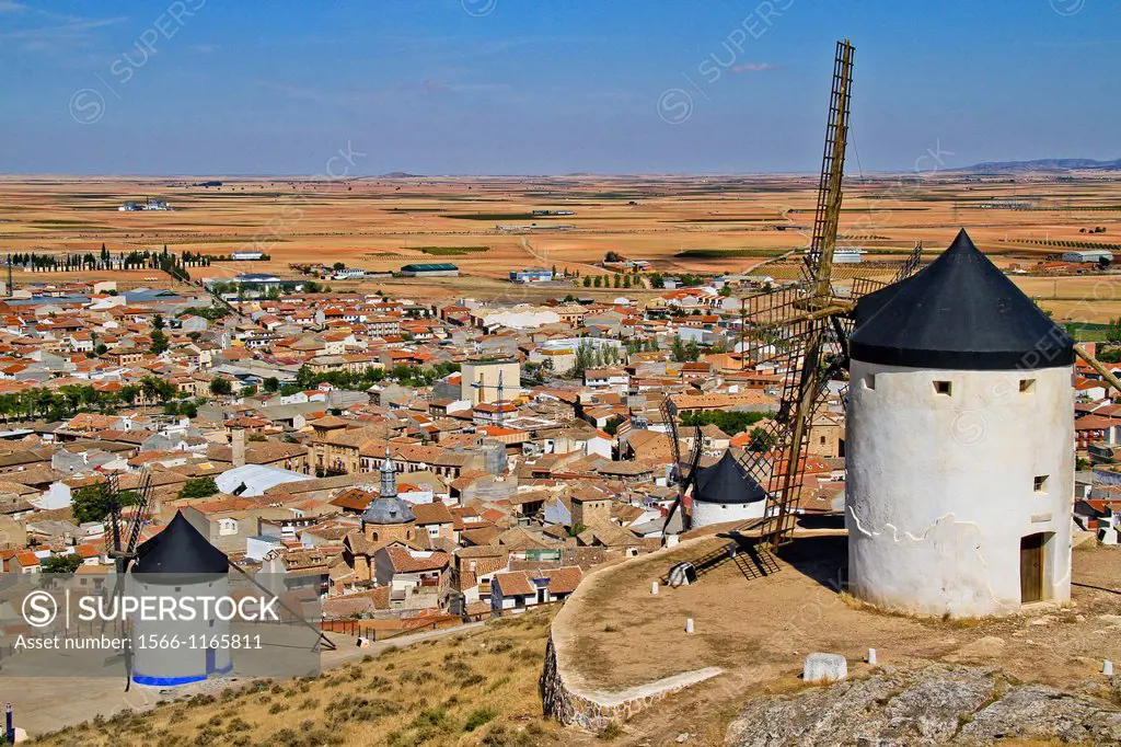 Windmills and Consuegra town, Toledo, Castile La Mancha, Spain