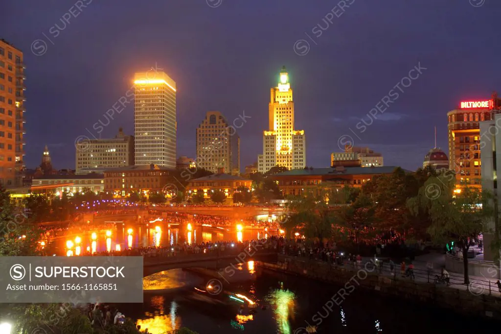 Rhode Island, Providence, Waterplace Park, River Walk, Providence River, city skyline, downtown, dusk, nightlife, City Hall, Bank of America Building,...