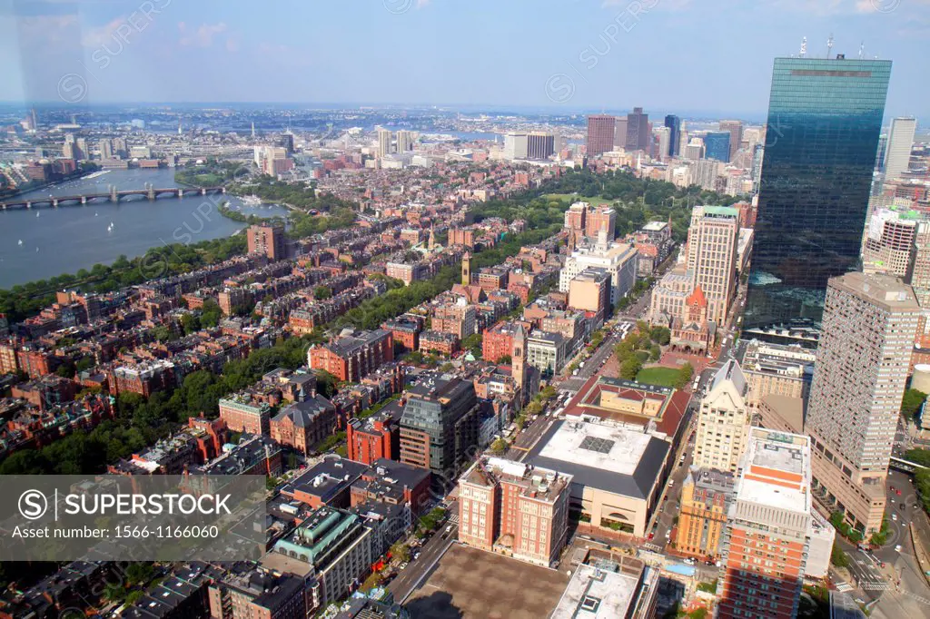 Massachusetts, Boston, Prudential Center, Skywalk Observatory, aerial, panoramic view, Hancock Place, skyscraper, Copley Square, Back Bay, Boston Comm...