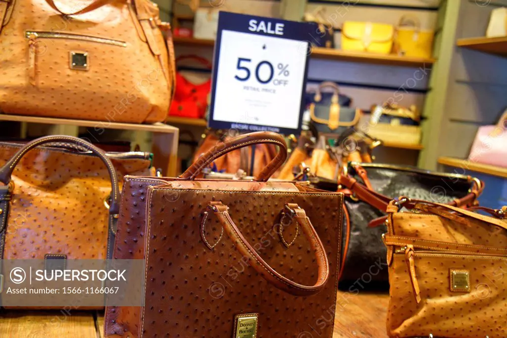 Maine, Freeport, outlet factory stores, Dooney & and Bourke, women´s handbags, leather goods, retail display, for sale, fashion, sign, 50 off,