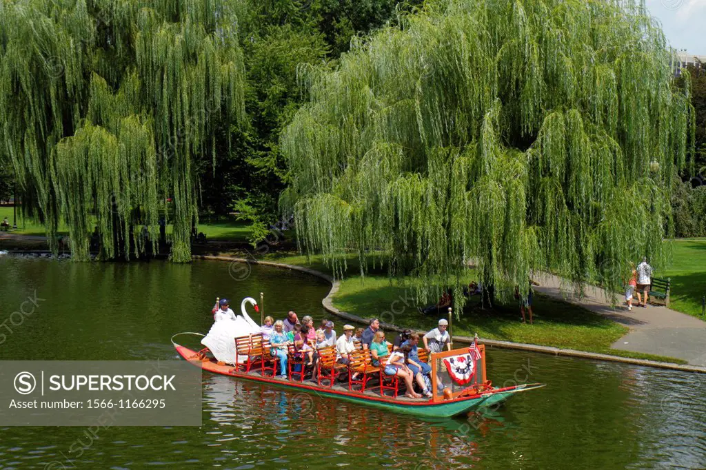 Massachusetts, Boston, Boston Public Garden Lagoon, Swan Boat, riders, water,