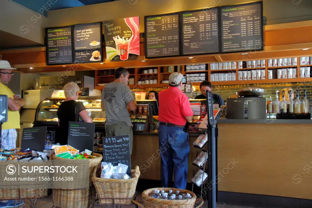 Maine, Freeport, Main Street, Route 1, Starbucks Coffee, retail display, for sale, counter, menu, customer,