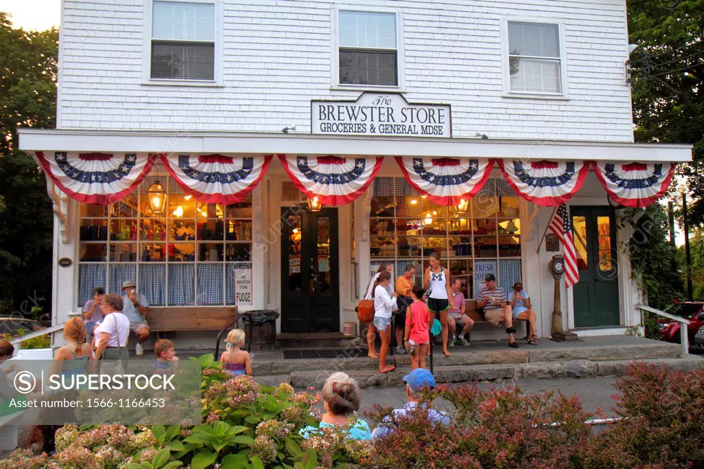 Massachusetts, Cape Cod, Brewster, The Brewster Store, groceries, general merchandise, family, eating ice cream, front, entrance, Americana,