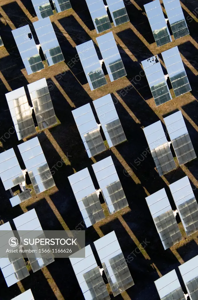 Rows of solar panels, so-called heliostats, generating energy at one of Europe´s biggest solar energy fields in the Tabernas Desert, Europe´s only tru...