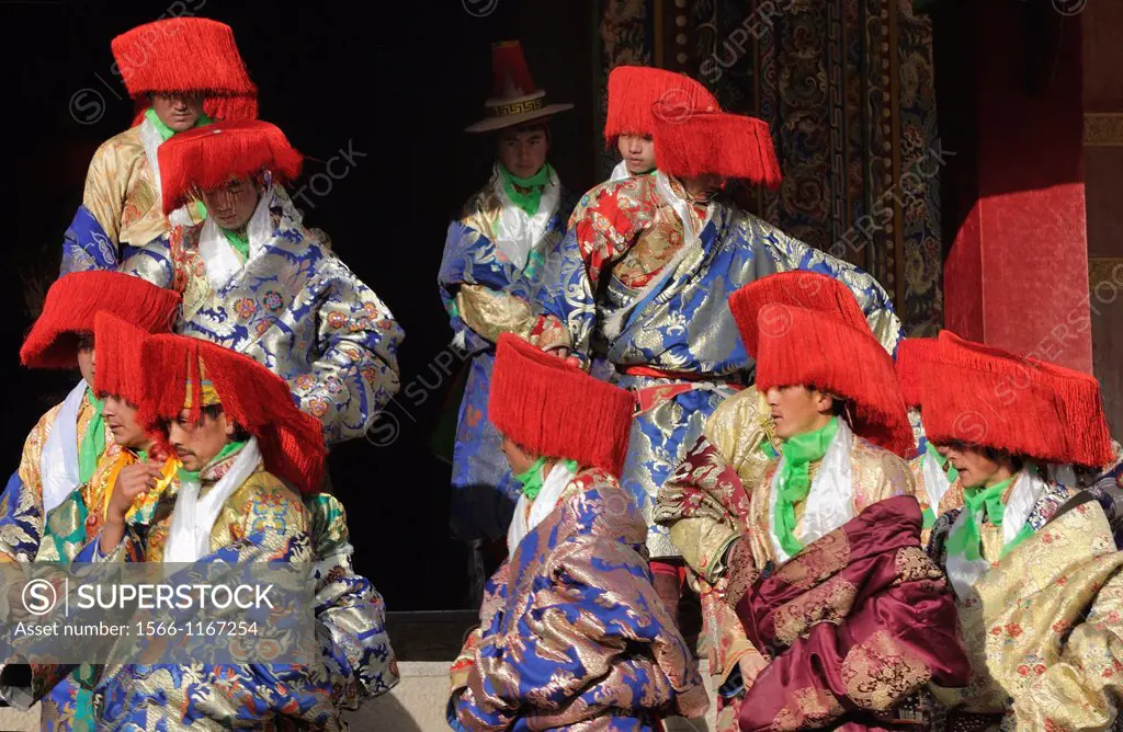 China, Gansu, Amdo, Xiahe, Monastery of Labrang Labuleng Si, Losar New Year festival, Guards gathering