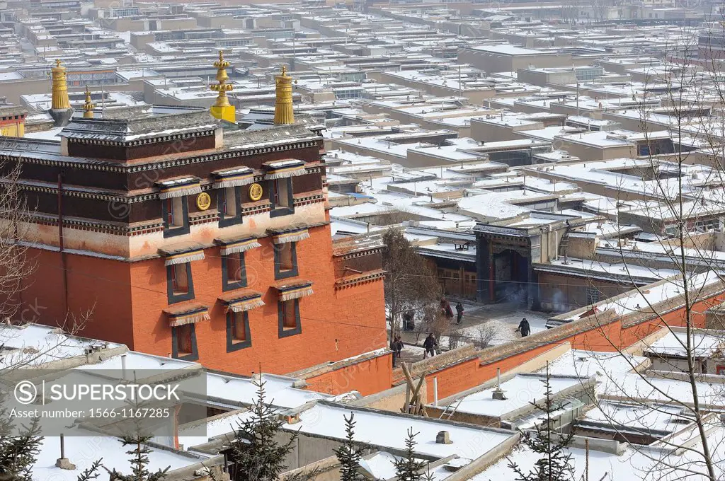 China, Gansu, Amdo, Xiahe, Monastery of Labrang Labuleng Si under the snow