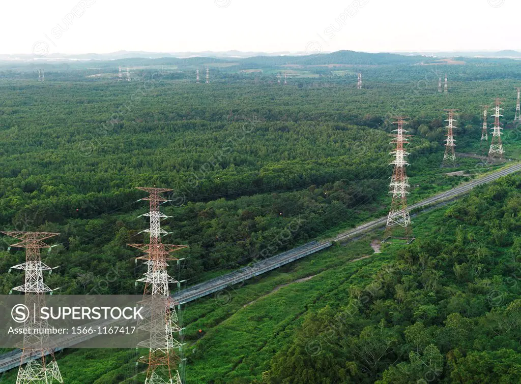 Aerial image of powerlines and train tracks cutting through the forest