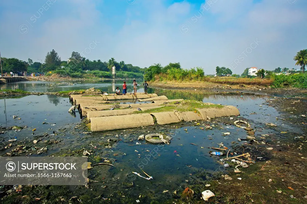 Polluted river, Chennai, Tamil Nadu, India.