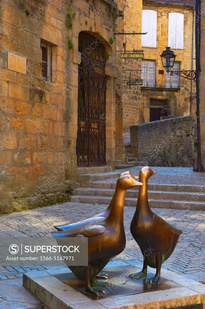 Sarlat, Dordogne, Place du Marche aux Oies, Les Oies Geese sculpture by Lalanne, Perigord Noir, Dordogne Valley, Sarlat la Caneda, France, Europe.