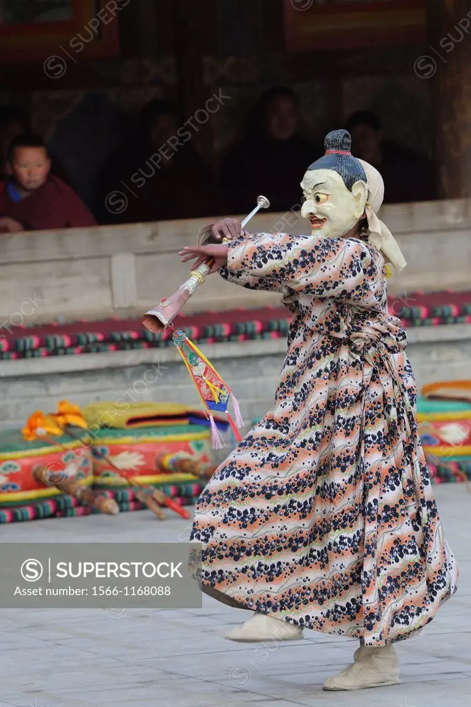 China, Qinghai, Amdo, Tongren Rebkong, Monastery of Gomar Guomari Si, Losar New Year festival, Cham Dance, Atsara clown