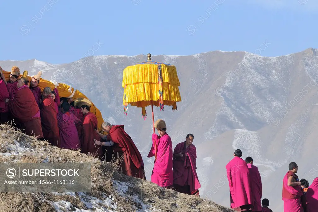 China, Gansu, Amdo, Xiahe, Monastery of Labrang Labuleng Si, Losar New Year festival, Giant Thangka and parasol bearers climbing uphill