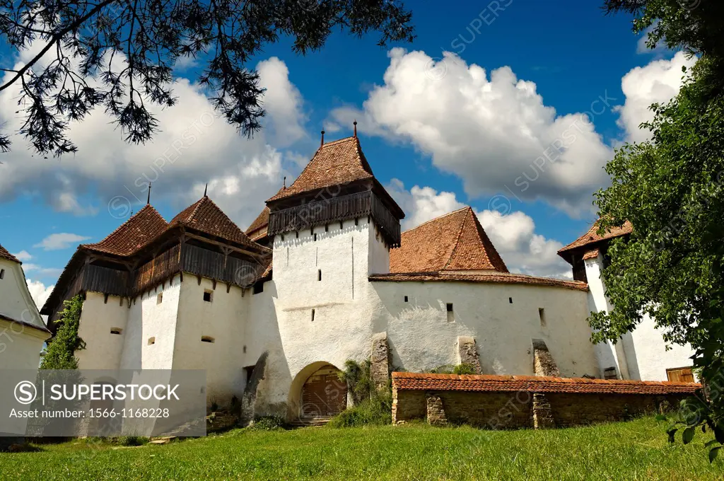 Front view of the Szekly medieval fortified church of Viscri, Bunesti, Brasov, Transylvania. Started in the 1100´s. UNESCO World Heritage Site