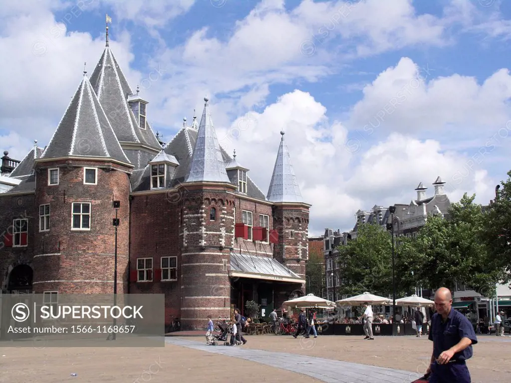 The Waag medieval gate in Nieuwmarkt square Amsterdam The Netherlands