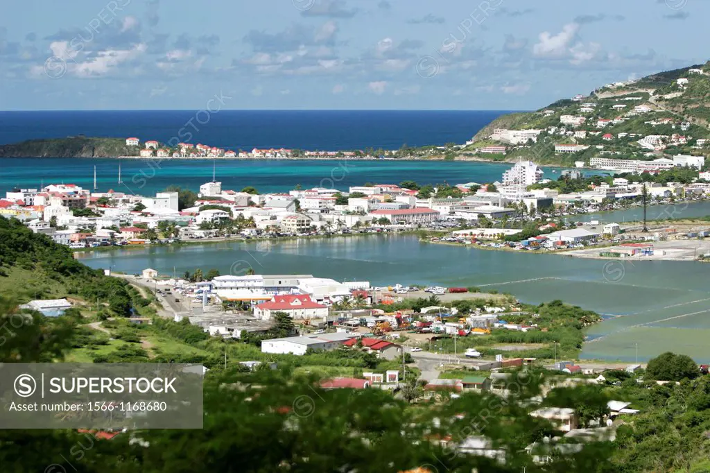 Philipsburg St Maarten with Salt Pond in foreground Great Bay and Caribbean Sea beyond