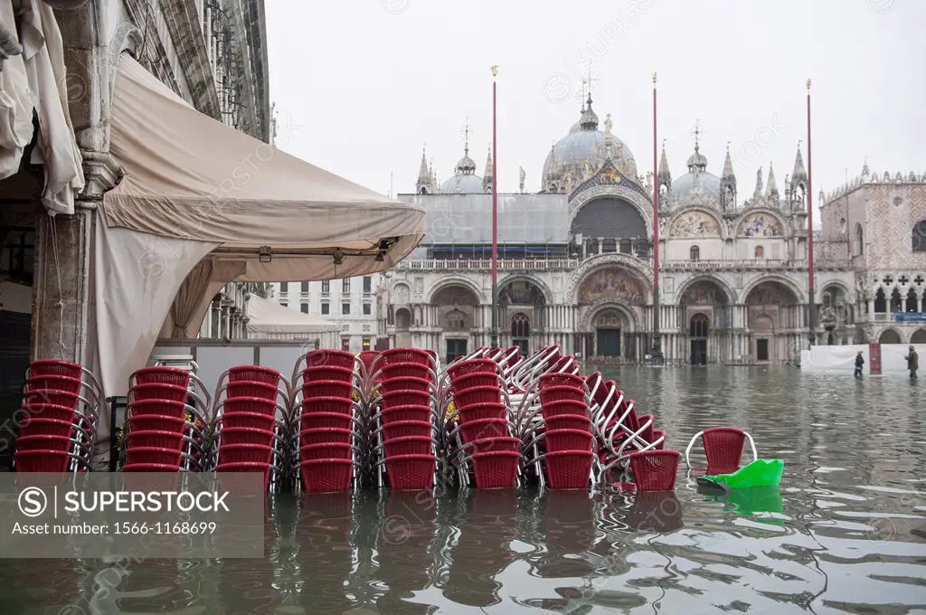 A view of an empty terrace at a flooded San Marco square, Venice, Italy.